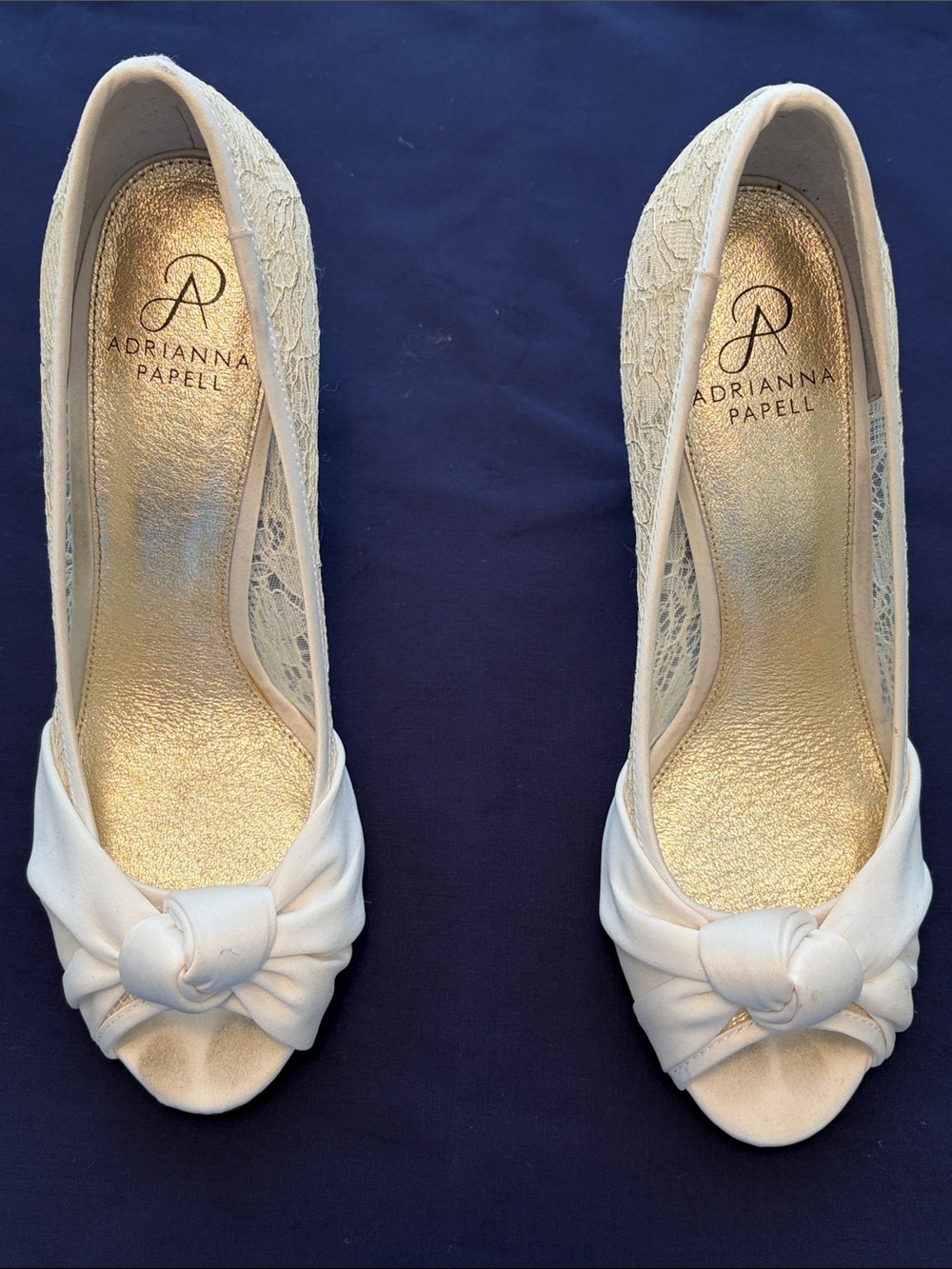 Adrianna Papell Ivory Lace Peep-Toe Heels with Knot Front